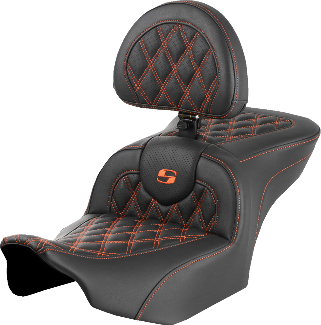 SADDLEMEN RoadSofa* Seat - with Backrest - Lattice Stitch - Orange Stitch - FLTR/FLHX '23-'24 823-07-182B3