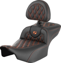 Thumbnail for SADDLEMEN Roadsofa* Extended Reach Seat - with Backrest - Lattice Stitch - Orange Stitch - FLTR/FLHX '23-'24 823-07-184B3