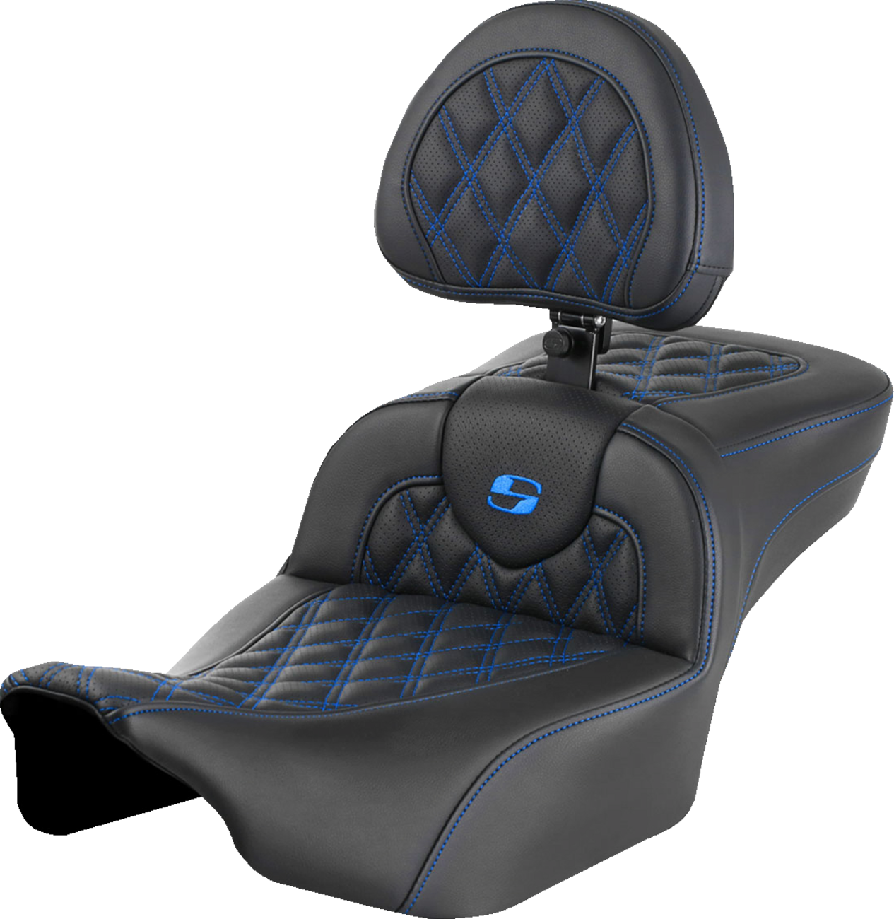 SADDLEMEN Roadsofa* Extended Reach Seat - with Backrest - Lattice Stitch - Blue Stitch - FLTR/FLHX '23-'24 823-07-184B1