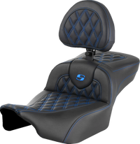 Thumbnail for SADDLEMEN Roadsofa* Extended Reach Seat - with Backrest - Lattice Stitch - Blue Stitch - FLTR/FLHX '23-'24 823-07-184B1