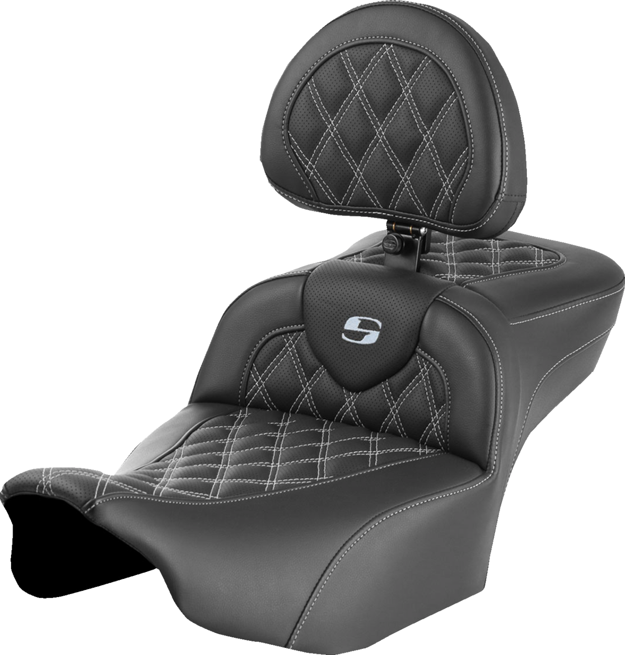 SADDLEMEN Roadsofa* Extended Reach Seat - with Backrest - Lattice Stitch - Silver Stitch - FLTR/FLHX '23-'24 823-07-184B5