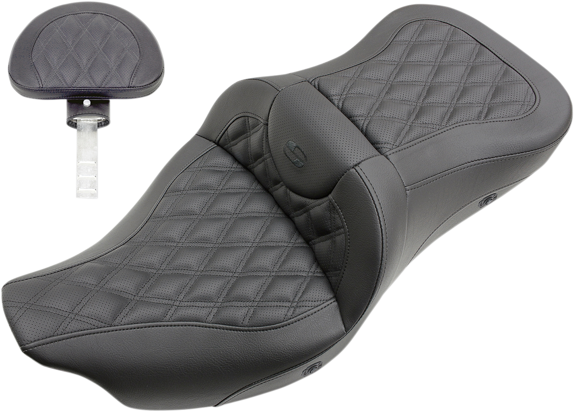 SADDLEMEN Roadsofa* Seat - Heated - Full Lattice Stitch - with Backrest - Black - '09-'23 FLHTCUTG 808-07B-182TBRH