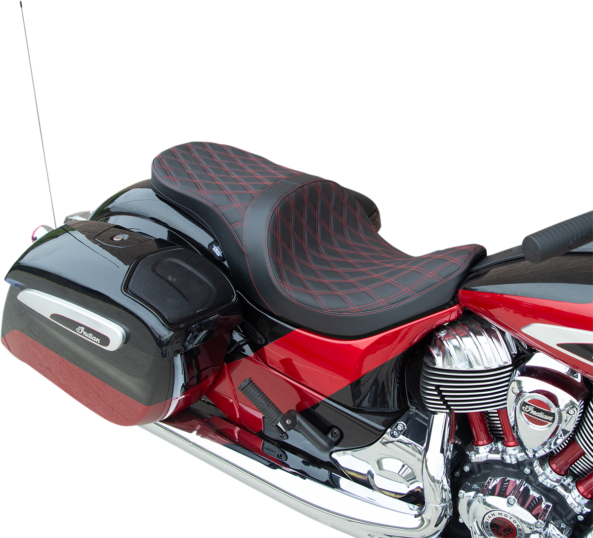 DRAG SPECIALTIES Low Profile Touring Seat - Double Diamond - Red Stitch - Solar Reflective - Indian '14-'22 0810-2276