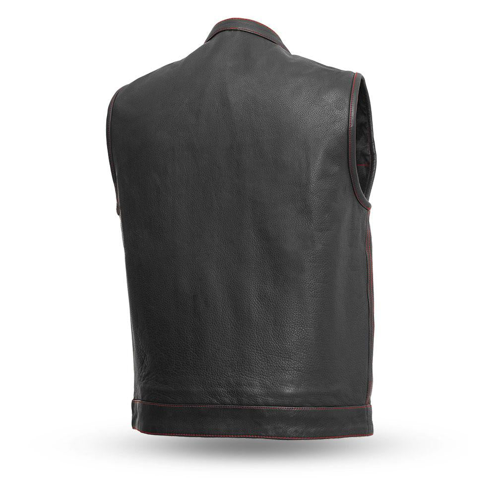 Club style with banded collar, covered snaps and cropped center zipper. Two buttoned chest pockets. Two buttoned slash pockets. American flag liner. Red Stitch. Two concealed carry pockets with tapered holsters (quick access on left hand side). Interior cellphone pocket. Single back panel. Satin lining with easy access panels for patches and embroideries.