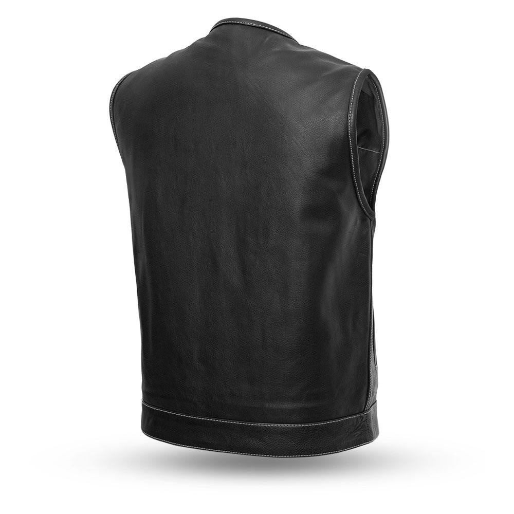 Club style with covered snaps and cropped center zipper. Two buttoned chest pockets. Two buttoned slash pockets. Two concealed carry pockets with tapered holsters (quick access on left hand side). Interior cellphone pocket. Single back panel. Mesh lining with easy access panels for patches and embroideries.