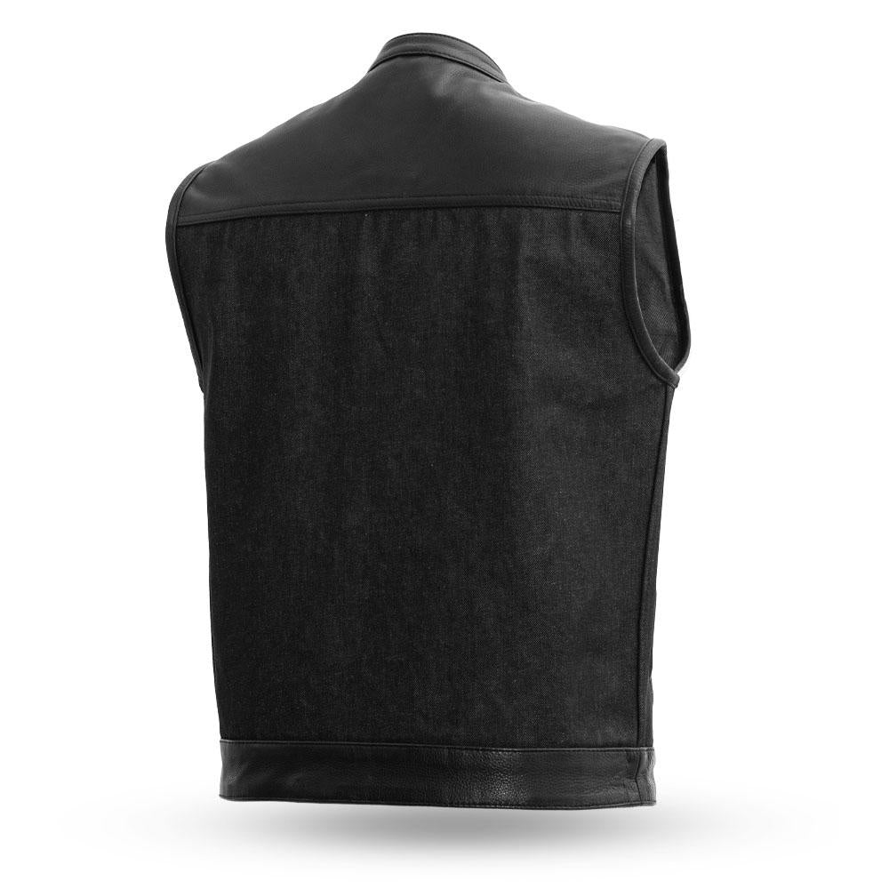 Rough Neck Raw Denim with Diamond Cowhide on Top. Club style with banded collar, covered snaps and cropped center zipper. Two buttoned chest pockets. Two buttoned slash pockets. Two conceal carry pockets with tapered holsters (quick access on left hand side). Interior cellphone pocket on left hand side. Unlined raw denim.