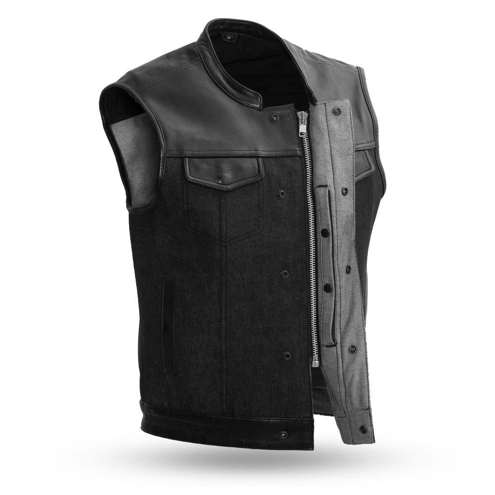 Rough Neck Raw Denim with Diamond Cowhide on Top. Club style with banded collar, covered snaps and cropped center zipper. Two buttoned chest pockets. Two buttoned slash pockets. Two conceal carry pockets with tapered holsters (quick access on left hand side). Interior cellphone pocket on left hand side. Unlined raw denim.