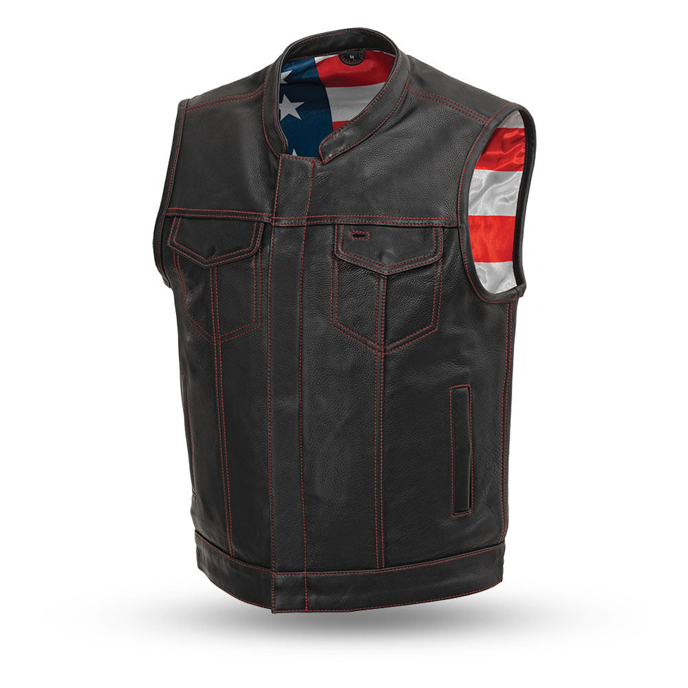 Club style with banded collar, covered snaps and cropped center zipper. Two buttoned chest pockets. Two buttoned slash pockets. American flag liner. Red Stitch. Two concealed carry pockets with tapered holsters (quick access on left hand side). Interior cellphone pocket. Single back panel. Satin lining with easy access panels for patches and embroideries.